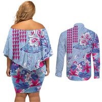 Hawaiian Tribal Manta Ray Couples Matching Off Shoulder Short Dress and Long Sleeve Button Shirt Kakau Tattoo and Flowers Surfing Waves Pattern Soft Color
