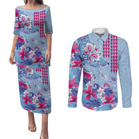 Hawaiian Tribal Manta Ray Couples Matching Puletasi and Long Sleeve Button Shirt Kakau Tattoo and Flowers Surfing Waves Pattern Soft Color