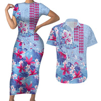 Hawaiian Tribal Manta Ray Couples Matching Short Sleeve Bodycon Dress and Hawaiian Shirt Kakau Tattoo and Flowers Surfing Waves Pattern Soft Color
