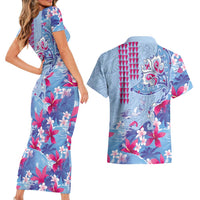 Hawaiian Tribal Manta Ray Couples Matching Short Sleeve Bodycon Dress and Hawaiian Shirt Kakau Tattoo and Flowers Surfing Waves Pattern Soft Color