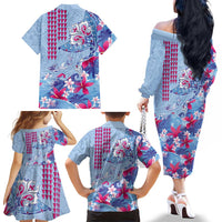 Hawaiian Tribal Manta Ray Family Matching Off The Shoulder Long Sleeve Dress and Hawaiian Shirt Kakau Tattoo and Flowers Surfing Waves Pattern Soft Color