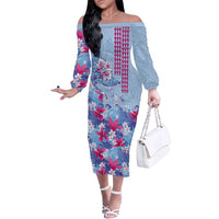 Hawaiian Tribal Manta Ray Family Matching Off The Shoulder Long Sleeve Dress and Hawaiian Shirt Kakau Tattoo and Flowers Surfing Waves Pattern Soft Color