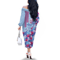 Hawaiian Tribal Manta Ray Family Matching Off The Shoulder Long Sleeve Dress and Hawaiian Shirt Kakau Tattoo and Flowers Surfing Waves Pattern Soft Color