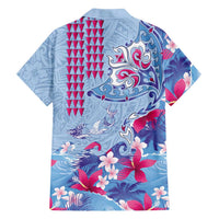 Hawaiian Tribal Manta Ray Family Matching Off Shoulder Maxi Dress and Hawaiian Shirt Kakau Tattoo and Flowers Surfing Waves Pattern Soft Color