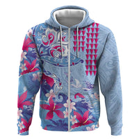 Hawaiian Tribal Manta Ray Hoodie Kakau Tattoo and Flowers Surfing Waves Pattern Soft Color LT03 Zip Hoodie Multicolor - Polynesian Pride