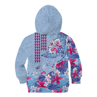 Hawaiian Tribal Manta Ray Kid Hoodie Kakau Tattoo and Flowers Surfing Waves Pattern Soft Color