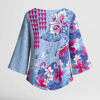 Hawaiian Tribal Manta Ray Kimono Sleeve Blouse Kakau Tattoo and Flowers Surfing Waves Pattern Soft Color