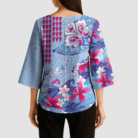 Hawaiian Tribal Manta Ray Kimono Sleeve Blouse Kakau Tattoo and Flowers Surfing Waves Pattern Soft Color