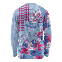 Hawaiian Tribal Manta Ray Long Sleeve Shirt Kakau Tattoo and Flowers Surfing Waves Pattern Soft Color