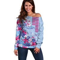 Hawaiian Tribal Manta Ray Off Shoulder Sweater Kakau Tattoo and Flowers Surfing Waves Pattern Soft Color