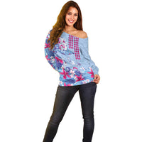 Hawaiian Tribal Manta Ray Off Shoulder Sweater Kakau Tattoo and Flowers Surfing Waves Pattern Soft Color