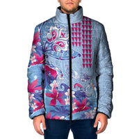 Hawaiian Tribal Manta Ray Padded Jacket Kakau Tattoo and Flowers Surfing Waves Pattern Soft Color