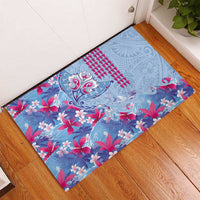 Hawaiian Tribal Manta Ray Rubber Doormat Kakau Tattoo and Flowers Surfing Waves Pattern Soft Color