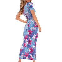 Hawaiian Tribal Manta Ray Short Sleeve Bodycon Dress Kakau Tattoo and Flowers Surfing Waves Pattern Soft Color