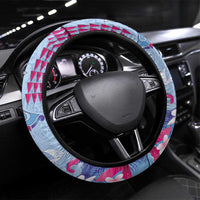 Hawaiian Tribal Manta Ray Steering Wheel Cover Kakau Tattoo and Flowers Surfing Waves Pattern Soft Color