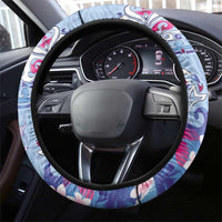 Hawaiian Tribal Manta Ray Steering Wheel Cover Kakau Tattoo and Flowers Surfing Waves Pattern Soft Color