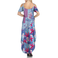 Hawaiian Tribal Manta Ray Summer Maxi Dress Kakau Tattoo and Flowers Surfing Waves Pattern Soft Color