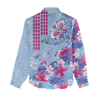 Hawaiian Tribal Manta Ray Women Casual Shirt Kakau Tattoo and Flowers Surfing Waves Pattern Soft Color