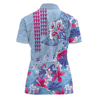 Hawaiian Tribal Manta Ray Women Polo Shirt Kakau Tattoo and Flowers Surfing Waves Pattern Soft Color