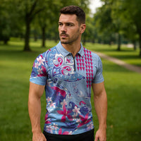 Hawaiian Tribal Manta Ray Zipper Polo Shirt Kakau Tattoo and Flowers Surfing Waves Pattern Soft Color