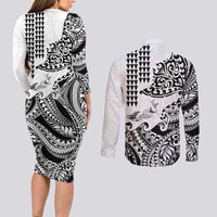 Hawaiian Tribal Manta Ray Couples Matching Long Sleeve Bodycon Dress and Long Sleeve Button Shirt Kakau Tattoo and Polynesian Art Motif Pattern LT03 - Polynesian Pride