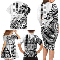 Hawaiian Tribal Manta Ray Family Matching Long Sleeve Bodycon Dress and Hawaiian Shirt Kakau Tattoo and Polynesian Art Motif Pattern