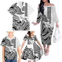 Hawaiian Tribal Manta Ray Family Matching Off The Shoulder Long Sleeve Dress and Hawaiian Shirt Kakau Tattoo and Polynesian Art Motif Pattern