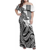 Hawaiian Tribal Manta Ray Family Matching Off Shoulder Maxi Dress and Hawaiian Shirt Kakau Tattoo and Polynesian Art Motif Pattern