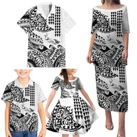 Hawaiian Tribal Manta Ray Family Matching Puletasi and Hawaiian Shirt Kakau Tattoo and Polynesian Art Motif Pattern