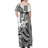 Hawaiian Tribal Manta Ray Off Shoulder Maxi Dress Kakau Tattoo and Polynesian Art Motif Pattern