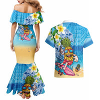 Hawaiian Funny Pineapple Surfing Couples Matching Mermaid Dress and Hawaiian Shirt Beach with Tribal Kakau and Plumeria