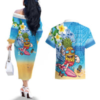 Hawaiian Funny Pineapple Surfing Couples Matching Off The Shoulder Long Sleeve Dress and Hawaiian Shirt Beach with Tribal Kakau and Plumeria
