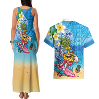 Hawaiian Funny Pineapple Surfing Couples Matching Tank Maxi Dress and Hawaiian Shirt Beach with Tribal Kakau and Plumeria