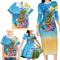 Hawaiian Funny Pineapple Surfing Family Matching Long Sleeve Bodycon Dress and Hawaiian Shirt Beach with Tribal Kakau and Plumeria