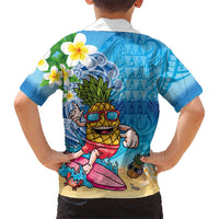 Hawaiian Funny Pineapple Surfing Family Matching Off The Shoulder Long Sleeve Dress and Hawaiian Shirt Beach with Tribal Kakau and Plumeria LT03 - Polynesian Pride