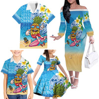 Hawaiian Funny Pineapple Surfing Family Matching Off The Shoulder Long Sleeve Dress and Hawaiian Shirt Beach with Tribal Kakau and Plumeria LT03 - Polynesian Pride