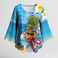 Hawaiian Funny Pineapple Surfing Kimono Sleeve Blouse Beach with Tribal Kakau and Plumeria
