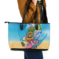 Hawaiian Funny Pineapple Surfing Leather Tote Bag Beach with Tribal Kakau and Plumeria
