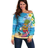 Hawaiian Funny Pineapple Surfing Off Shoulder Sweater Beach with Tribal Kakau and Plumeria LT03 Women Multicolor - Polynesian Pride