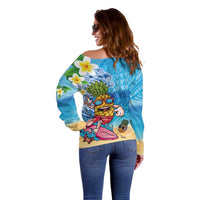 Hawaiian Funny Pineapple Surfing Off Shoulder Sweater Beach with Tribal Kakau and Plumeria LT03 - Polynesian Pride
