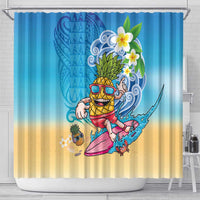 Hawaiian Funny Pineapple Surfing Shower Curtain Beach with Tribal Kakau and Plumeria