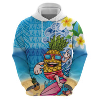 Hawaiian Funny Pineapple Surfing Zip Hoodie Beach with Tribal Kakau and Plumeria