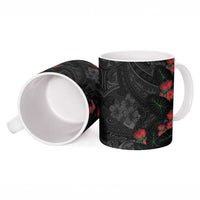 Hawaiian Taro Leaves and Ohia Lehua Ceramic Mug Polynesian Tribal Art Tropical Plants Motifs Grayscale