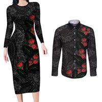 Hawaiian Taro Leaves and Ohia Lehua Couples Matching Long Sleeve Bodycon Dress and Long Sleeve Button Shirt Polynesian Tribal Art Tropical Plants Motifs Grayscale LT03 Multicolor - Polynesian Pride