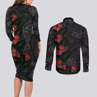 Hawaiian Taro Leaves and Ohia Lehua Couples Matching Long Sleeve Bodycon Dress and Long Sleeve Button Shirt Polynesian Tribal Art Tropical Plants Motifs Grayscale LT03 - Polynesian Pride