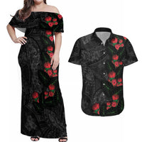 Hawaiian Taro Leaves and Ohia Lehua Couples Matching Off Shoulder Maxi Dress and Hawaiian Shirt Polynesian Tribal Art Tropical Plants Motifs Grayscale