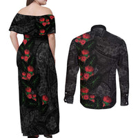 Hawaiian Taro Leaves and Ohia Lehua Couples Matching Off Shoulder Maxi Dress and Long Sleeve Button Shirt Polynesian Tribal Art Tropical Plants Motifs Grayscale