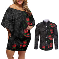 Hawaiian Taro Leaves and Ohia Lehua Couples Matching Off Shoulder Short Dress and Long Sleeve Button Shirt Polynesian Tribal Art Tropical Plants Motifs Grayscale