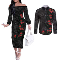 Hawaiian Taro Leaves and Ohia Lehua Couples Matching Off The Shoulder Long Sleeve Dress and Long Sleeve Button Shirt Polynesian Tribal Art Tropical Plants Motifs Grayscale