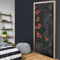 Hawaiian Taro Leaves and Ohia Lehua Door Cover Polynesian Tribal Art Tropical Plants Motifs Grayscale